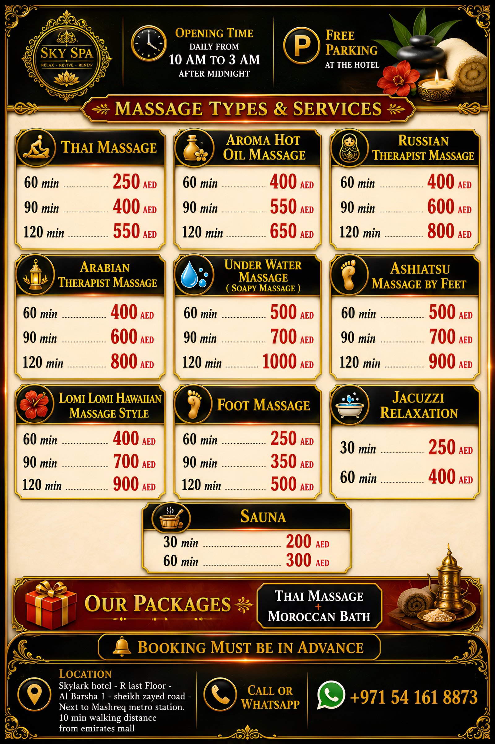 English Sky Spa massage services menu