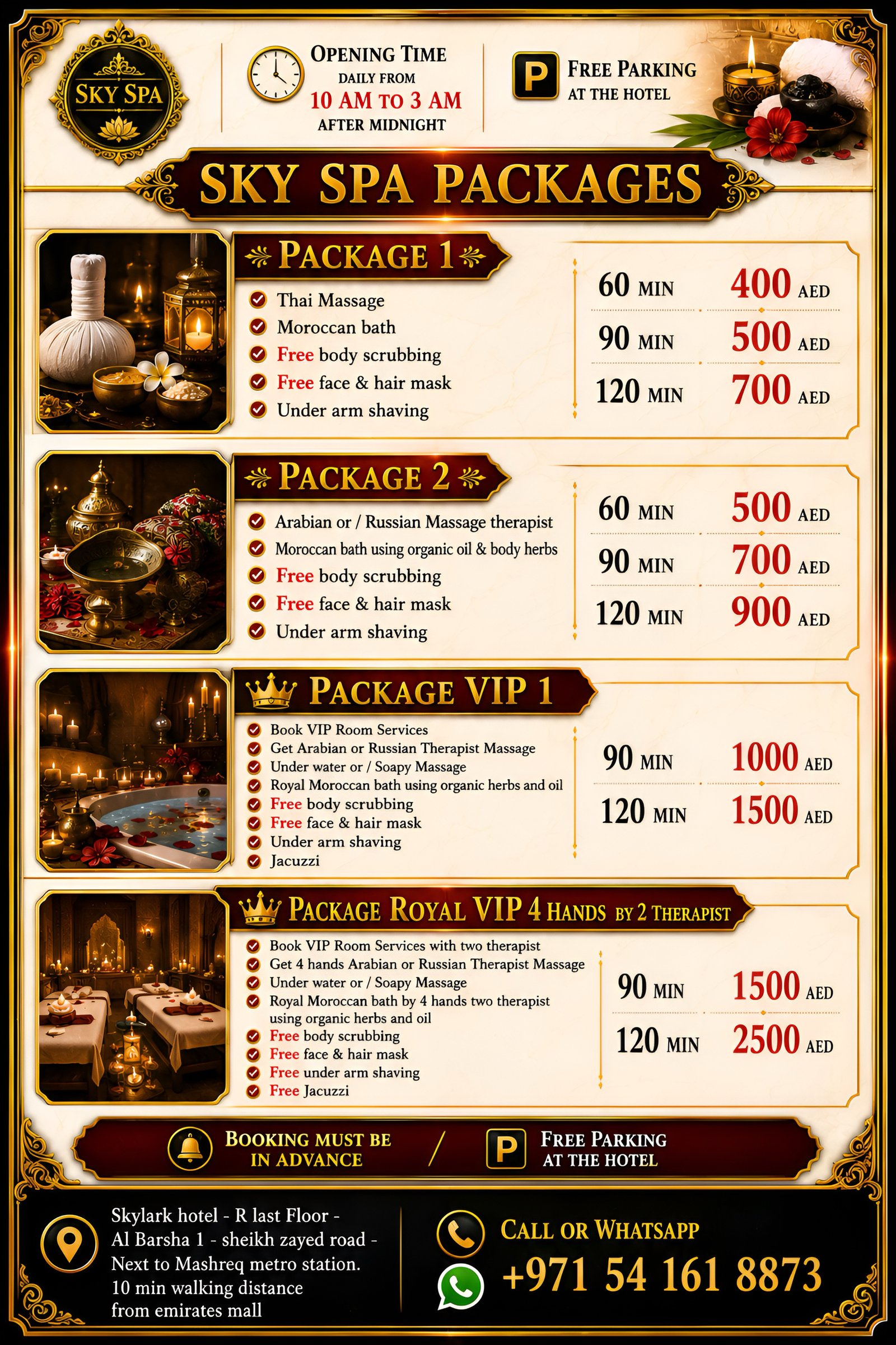 English Sky Spa packages menu