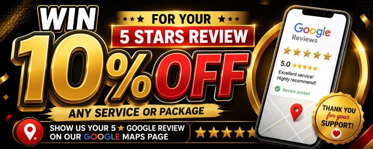 10 percent off any service or package for a 5 star Google review